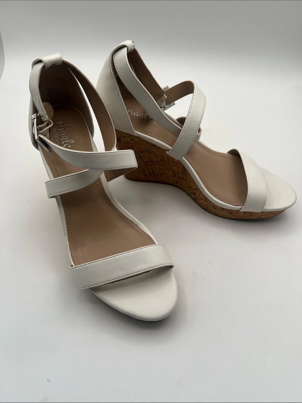 Charles by Charles David White Cork Wedge Sandals Women’s 9.5 M Ankle Strap